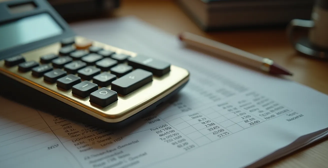 Tableau financier montrant les colonnes de charges, revenus et marge de profit avec des chiffres abstraits