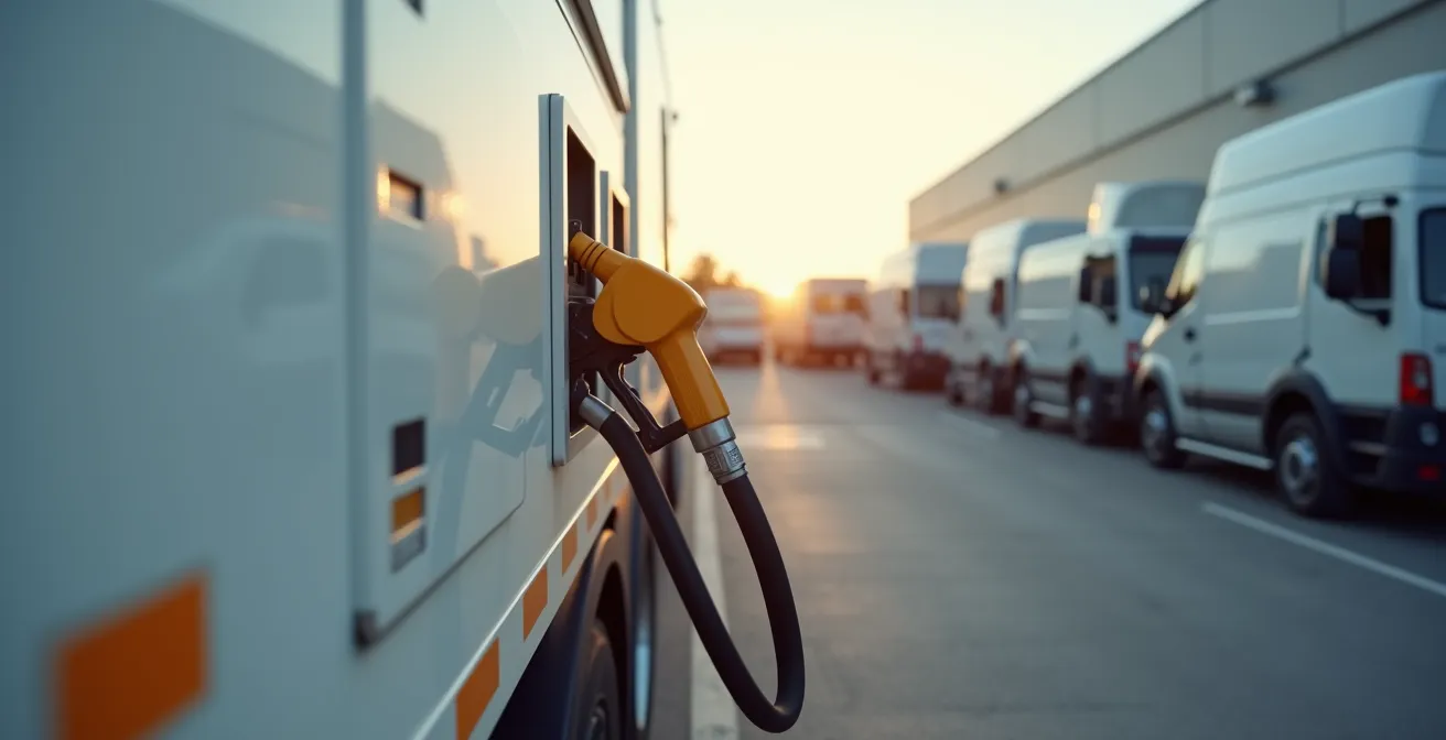 Unité mobile de distribution de carburant alimentant un véhicule utilitaire sur un chantier professionnel