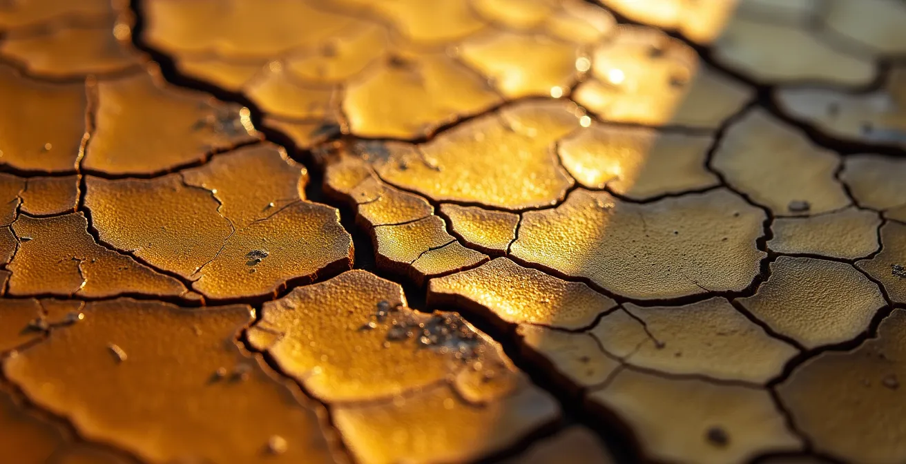 Détail en macro d'une surface de peinture ancienne montrant la texture des craquelures