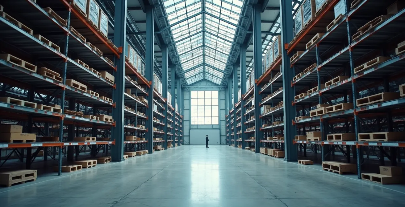 Vue grand angle d'un entrepôt de stockage d'art moderne avec architecture épurée