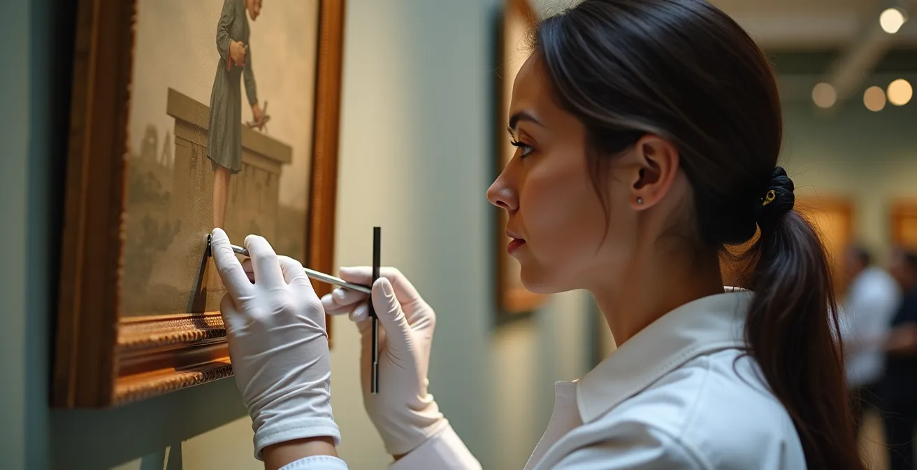 Professionnel inspectant minutieusement un système d'accrochage dans un espace muséal