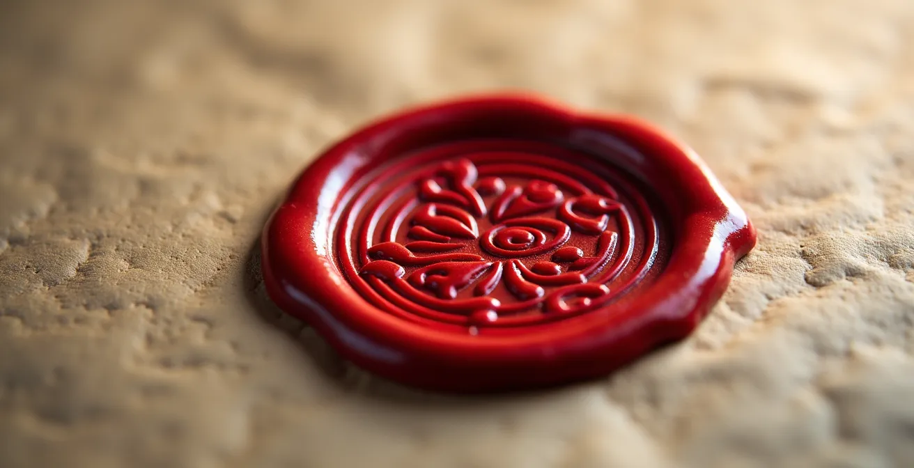 Vue macro d'un tampon officiel sur papier texturé montrant les détails de l'encre et des fibres