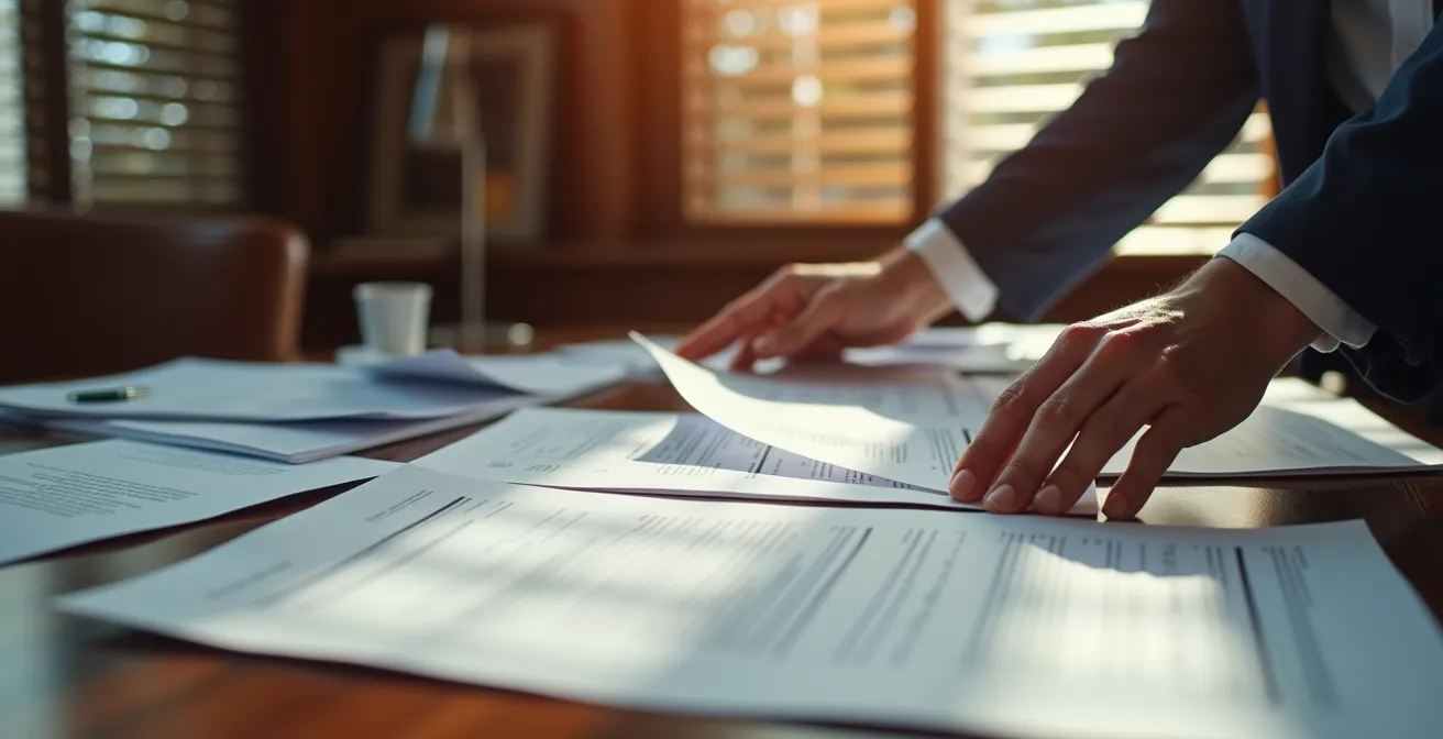 Mains préparant méticuleusement des documents d'exportation sur un bureau organisé