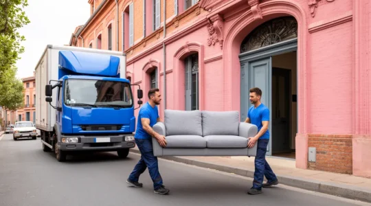 Déménageurs professionnels transportant un canapé vers un immeuble toulousain en brique rose