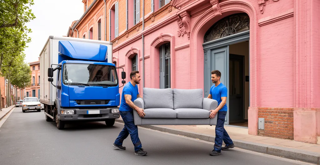 Déménageurs professionnels transportant un canapé vers un immeuble toulousain en brique rose
