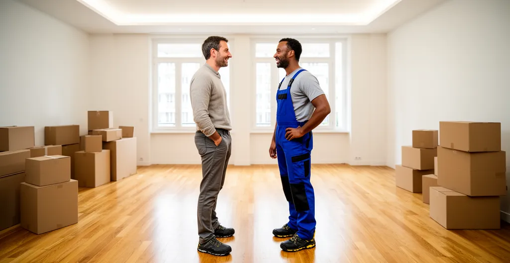 Client discutant avec un déménageur professionnel lors d'une visite technique dans un appartement vide