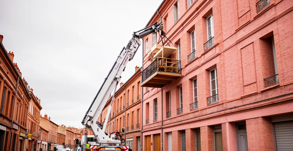 Monte-meuble en action sur la façade d'un immeuble toulousain en brique rose