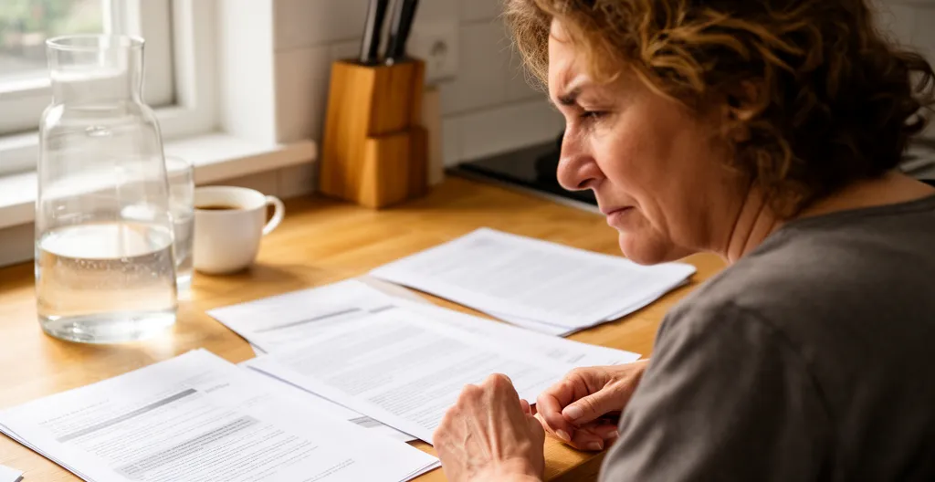 Personne concentrée analysant des documents de devis sur une table de cuisine lumineuse