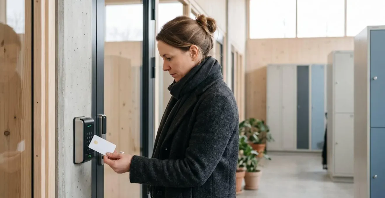 Personne examinant attentivement le système de verrouillage électronique et le badge d'accès d'un centre de self-stockage moderne