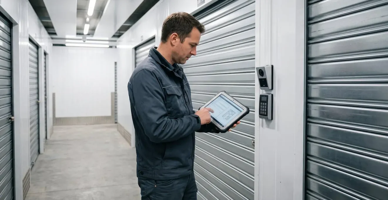 Technicien en uniforme vérifiant avec une tablette numérique les équipements de sécurité d'un box de stockage dans un centre professionnel