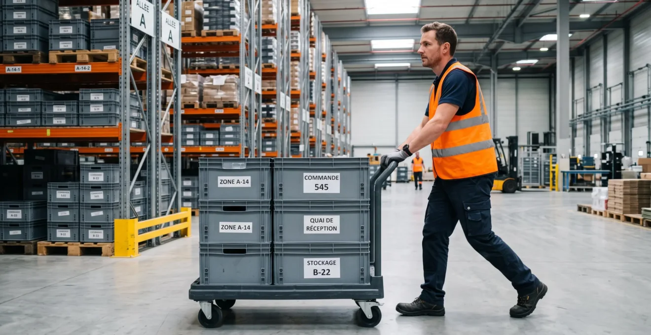 Opérateur logistique poussant un chariot plastique chargé de caisses en plastique dans une allée d'entrepôt moderne