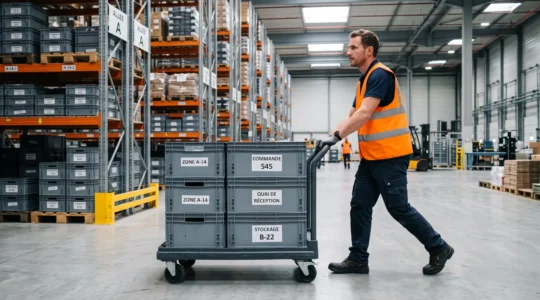 Opérateur logistique poussant un chariot plastique chargé de caisses en plastique dans une allée d'entrepôt moderne