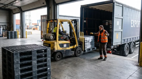 Un cariste charge une palette plastique recyclée dans un camion sur un quai de chargement logistique.